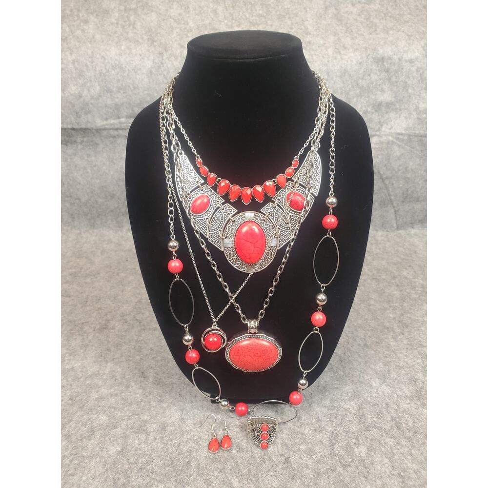 Women's Jewelry Bundle Red Stone Silver Tone Paparazzi Dead Stock Contemporary